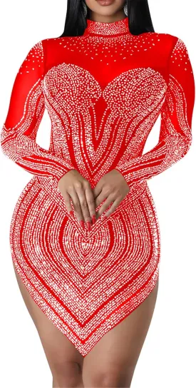 Women's Sexy Long Sleeve Turtleneck Rhinestones Mesh Bodycon High Low Hem Cocktail Party Dress