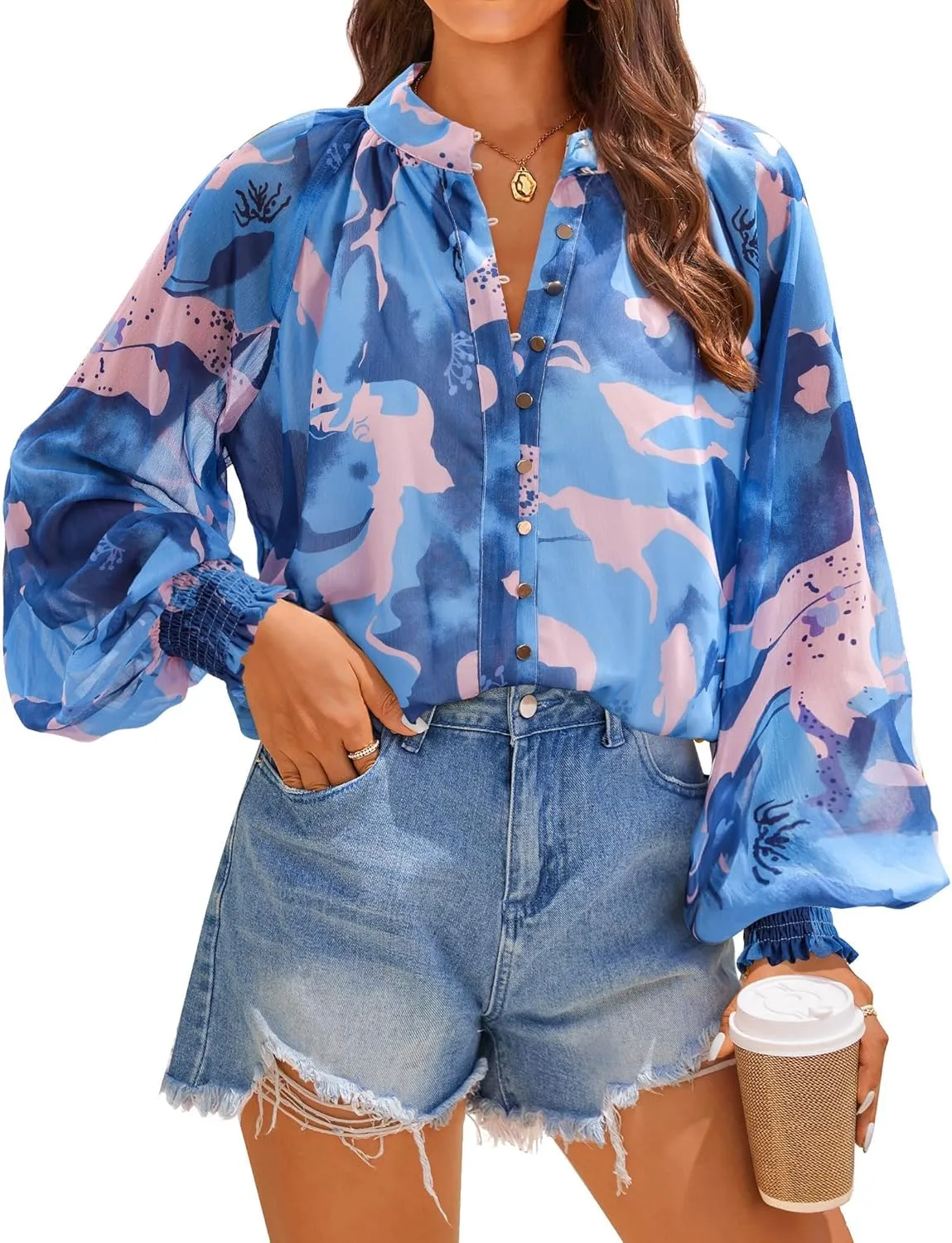 ZESICA Women's Floral Print Blouse 2024 Long Sleeve Button Down Casual Fall Boho Oversized Tops Shirts