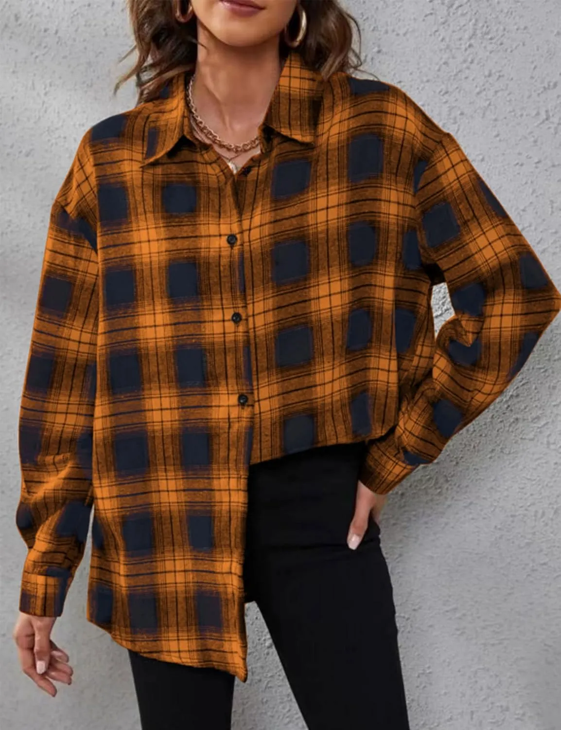 Zontroldy Plaid Flannel Shirts for Women Oversized Long Sleeve Button Down Buffalo Plaid Shirt Blouse Tops
