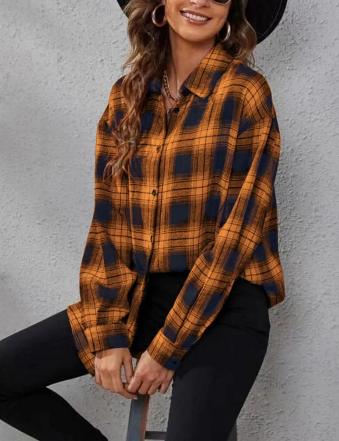 Zontroldy Plaid Flannel Shirts for Women Oversized Long Sleeve Button Down Buffalo Plaid Shirt Blouse Tops