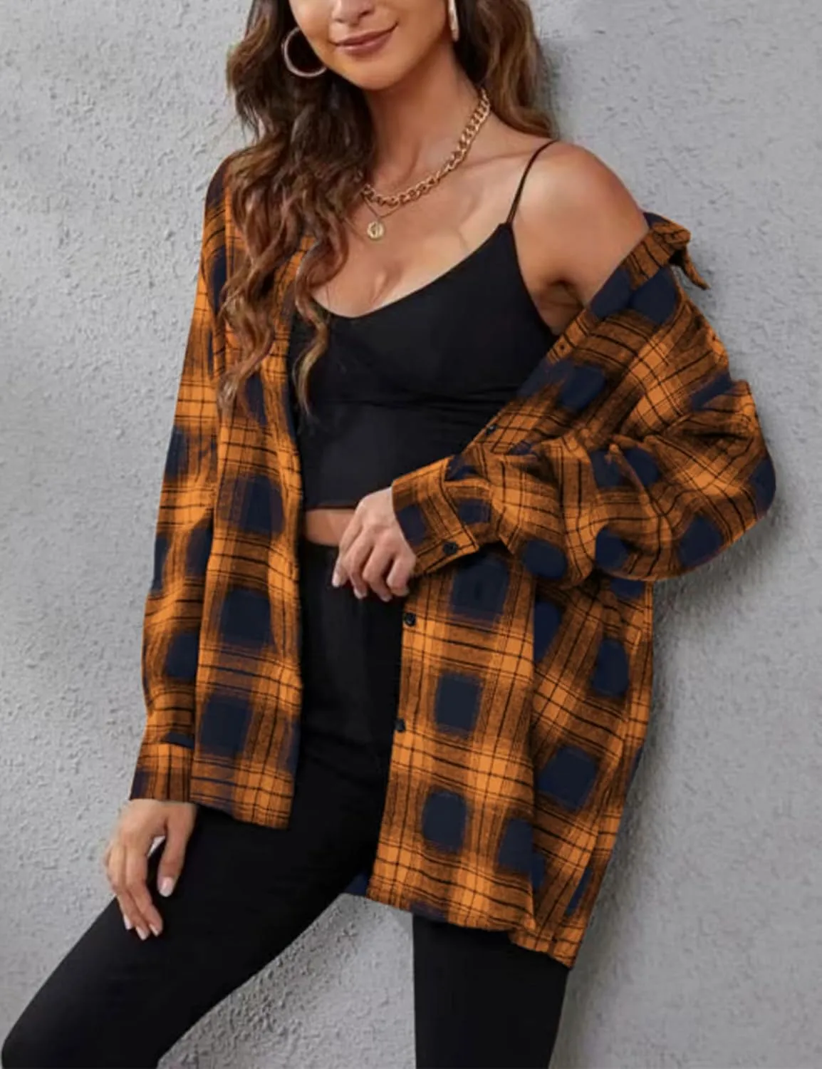 Zontroldy Plaid Flannel Shirts for Women Oversized Long Sleeve Button Down Buffalo Plaid Shirt Blouse Tops