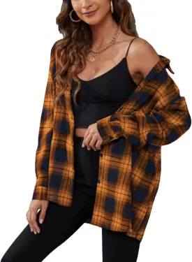 Zontroldy Plaid Flannel Shirts for Women Oversized Long Sleeve Button Down Buffalo Plaid Shirt Blouse Tops
